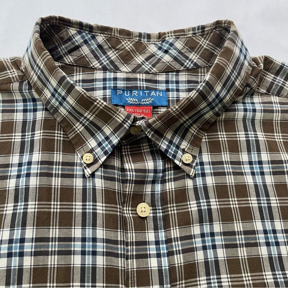 Puritan Long Sleeve Button Down Dress Shirt in 2XL | Brown Plaid Cotton Blend